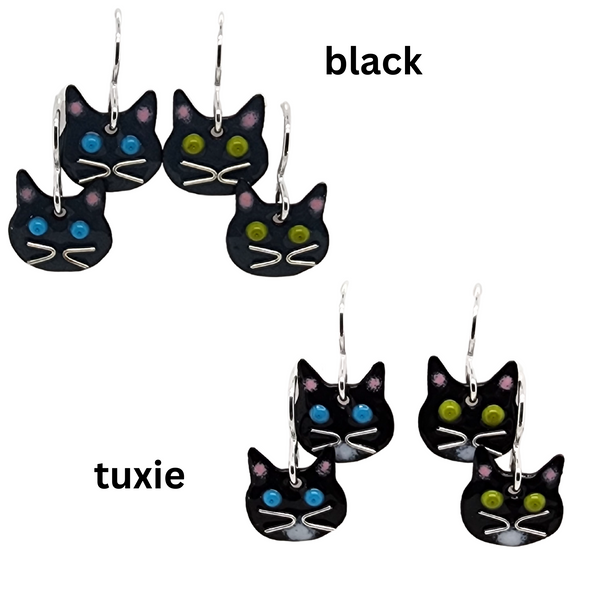 black cat and tuxedo cat earrings made of glass enamel