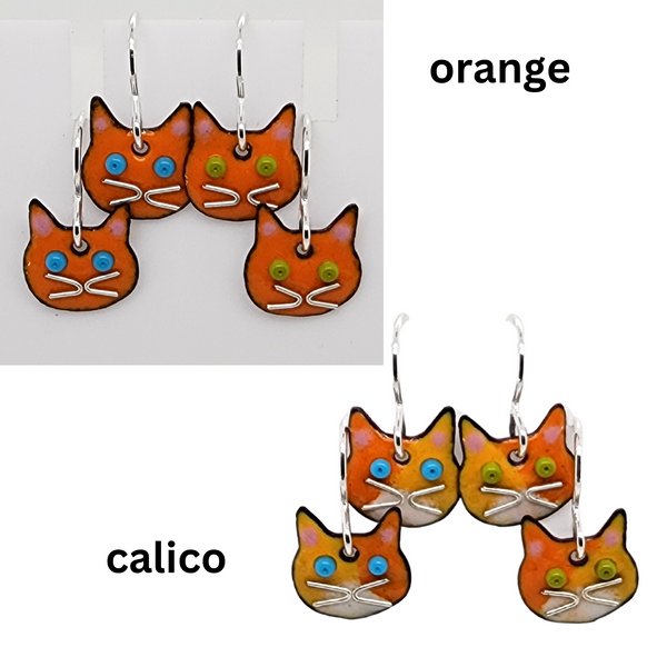 orange and calico cat earrings made by Kathryn Riechert