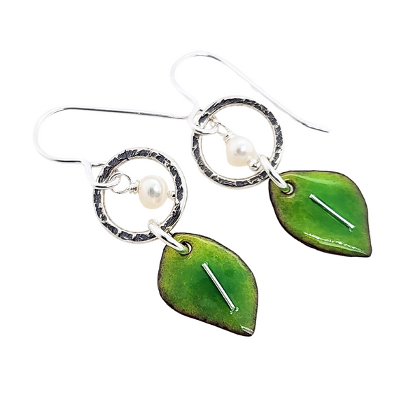 bright green leaf earrings with white pearls